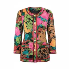 58k22 LEONARD FASHION レオナール ノーカラージャケット ロングジャケット 美しい花柄プリント 金ボタン シルクウール レディース 女性用 9AR マルチカラーu02tのサムネイル
