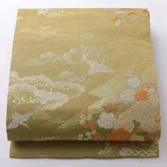 お買い得品！九寸名古屋帯 Sランク 帯丈355cm 正絹 六通 名古屋仕立て 織り セミフォーマル 雲鶴 御所解 くすんだ黄系 RP 1245-03736のサムネイル