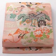 お買い得品！アンティーク 九寸名古屋帯 Cランク 帯丈331cm 正絹 ポイント柄 名古屋仕立て 織り 御所車 鳳凰 ピンク系 RP 1245-03772