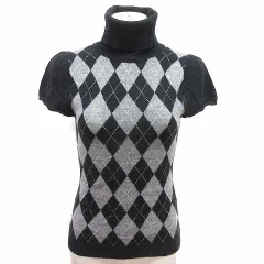 ケティ KETTY ニット カットソー タートルネック パフスリーブ アーガイル柄 半袖 カシミヤ混 M 黒 ブラック グレー /YKのサムネイル