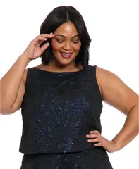ミューズ レディース トップス シャツ フラワー柄 プラスサイズ トール フラワー Muse Plus Size Metallic Floral Jacquard Top BlackBlue ブラックのサムネイル