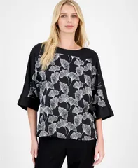 アンクライン レディース トップス シャツ プチ プリント サテン Anne Klein Petite BoatNeck Printed Satin Top Anne BlackWhite Doveのサムネイル