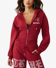 トゥルーレリジョン レディース トップス シャツ クロップド パーカー True Religion Womens Crystal Cropped Zip Hoodie Rhubarb Red レッドのサムネイル