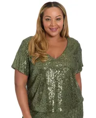 ミューズ レディース トップス ワンピース プラスサイズ Tシャツ スパンコール クロップド Muse Plus Size Cropped Sequin Short Sleeve TShirt Oliのサムネイル