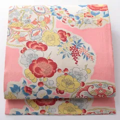 お買い得品！アンティーク 九寸名古屋帯 Bランク 帯丈356cm 正絹 全通 名古屋仕立て 染め 牡丹 ピンク系 M4 1245-03880