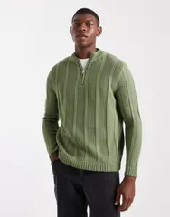 エイソス メンズ アウター ニット・セーター モックネック ハーフジップ セーター ニット ASOS DESIGN knit half zip mock neck sweatergreen stripのサムネイル