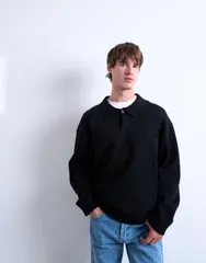 トップマン メンズ アウター ニット・セーター ポロシャツ セーター ニット Topman knit dressy polo sweater Black ブラックのサムネイル