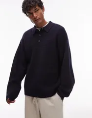 トップマン メンズ トップス ポロシャツ オーバーサイズフィット シャツ ニット Topman oversized fit knit polo shirt NAVY ネイビーのサムネイル