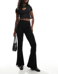 エイソス レディース ボトムス カジュアルパンツ パンツ ASOS DESIGN rib flare pants with lettuce hem Black ブラック