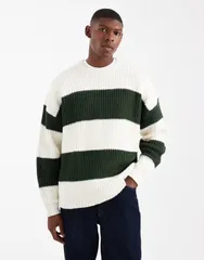エイソス メンズ アウター ニット・セーター クルーネック ASOS DESIGN oversized knit crew neck sweater and ecru stripes GreenEcrのサムネイル