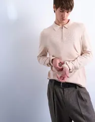 トップマン メンズ トップス ポロシャツ ウール Topman essential zip polo with wool in stone STONE ストーンのサムネイル