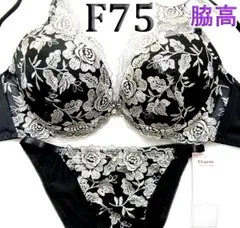 ●52[F75＆Ⅼ]Elegante脇高・シックな美胸ブラジャーショーツセット　ブラック＆シルバーグレー刺繡レース花柄　大きなカップサイズ 　新品未使用のサムネイル
