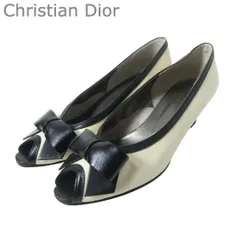 クリスチャンディオール Christian Dior パンプス バイカラー リボン オープントゥ ミドルヒール レザー ホワイト系 ブラック サイズ6.5 約23.5cm レディースのサムネイル