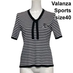 □ バレンザスポーツ Valanza Sports ボウタイ風ニット サマーニット 半袖 Vネック ボーダー ロゴ装飾 黒 白 40 L 11号 レディース S6E290のサムネイル