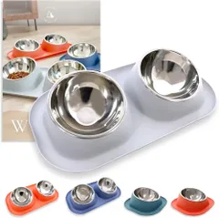 Lil&Fam 犬 猫 フードボウル 【15度の傾斜&食べこぼし防止スタンド付き】ステンレスボウル 犬 猫 ペット 餌入れ 皿 食器 餌台 ご飯台 (グレー, 大(ダブルボウル))のサムネイル