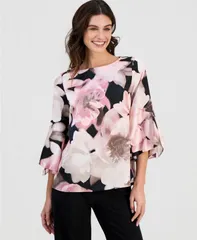 アンクライン レディース トップス シャツ フラワー柄 プリント ブラウス フラワー Anne Klein Womens FloralPrinted Flare Sleeves Blouse Anne Black Multi ブラック