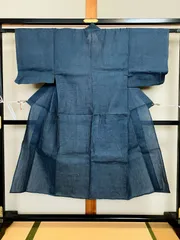 421B【アンティーク着物】男性 夏物 小紋？色無地？ 濃青緑系 透け感のある涼やかな質感 リメイク素材にも