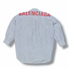 国内正規 BALENCIAGA ストライプ長袖ノーカラーシャツ バックロゴ