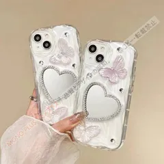 iphone17 16 ケース  16 Pro ミラーケース  鏡付き背面保護ケース  iphone 15 pro  14  13  12 ケース  便利化粧鏡 カバー キラキラハートデザイン鏡 立体 3D 蝶々  CSJK519P050