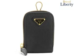 【美品】プラダ PRADA サフィアーノ トライアングル ミニポーチ バッグチャーム コインケース 小物入れ NERO ブラック ゴールド金具 レザー