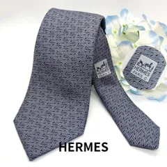 【美品✨】HERMES エルメス ネクタイ リング 総柄 幾何学模様 シルク100% グレー ネイビー 馬車ロゴ織ネーム フランス製 メンズ 高級 ヴィンテージ 1036
