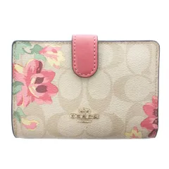 コーチ COACH 二つ折り財布 女性用 ベージュ ピンク シグネチャー柄 花柄 フラップ付き F73374 /TQ ■GY99