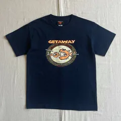00s　Warner Bros.　DC Comics　スーパーマンロゴタグ　GETAWAY BAR AND GRILL　ピラニア　魚アートグラフィック　アメリカンジョーク　企業ロゴプリント　半袖コットンTシャツ　短丈　紺　USA製素材　一点物　古着　個性派