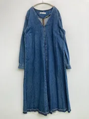 ZARA ザラ ワンピース USA L ブルー デニム 無地 長袖 ロング・マキシ丈 フレア レディース