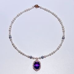 SV925 天然 アメシスト アコヤ ベビーパール CZ ネックレス 50cm 34g 