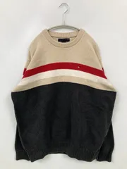 TOMMY HILFIGER トミーヒルフィガー ニット/セーター XL ブラック コットン ボーダー柄 ワンポイント ブランドロゴ ミドル丈 長袖 クルーネック(丸首) メンズ