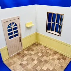 【ミモザ色の部屋】ドールハウス 背景ボード ジオラマ 1/12 ドア 撮影背景　玄関　出窓　ディスプレイ　完成品　ハンドメイド
