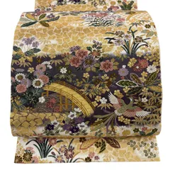 袋帯 秀品 四季の花 花鳥 橋 唐織 箔 クリーム 六通 正絹 【中古】