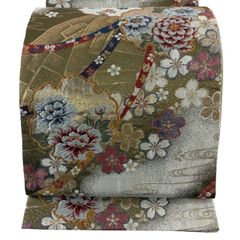 袋帯 振袖帯 御所車 菊花 梅花 扇 グリーンカラー 金糸 着物 053tz