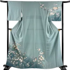 訪問着 身丈162cm 裄丈64cm M 袷 草花 流水 金銀彩 ぼかし 灰緑 正絹 秀品 【中古】のサムネイル