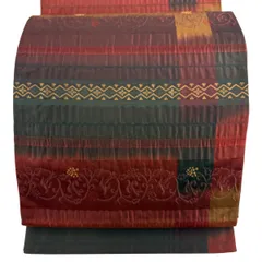 【美品】 袋帯 秀品 花唐草 幾何学模様 えんじ色 全通 正絹 【中古】