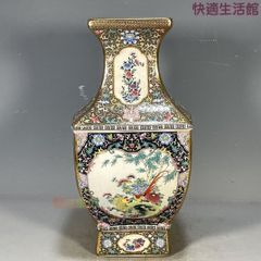 エナメル彩洋赤彩錦地開窓花鳥挿花賞瓶 景徳鎮陶磁器 装飾品 現代工芸
