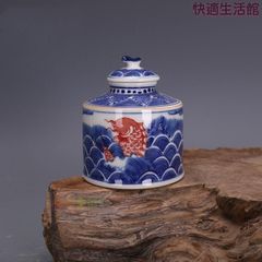 青花釉里紅釉下魚藻文粥壺 茶葉壺 景徳鎮 陶磁器 装飾品 現代工芸品美術品 置物 青花釉里紅釉下魚藻文粥壺 茶葉壺 景徳鎮 陶磁器 装飾品 現代工芸品