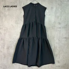 LACE LADIES レースレディース チャコールグレー系 バンドカラー ティアード ギャザー ロング ワンピース ノースリーブ マキシ丈 フレア Ａライン ストライプ調 織柄 バックボタン コットン混 ★ ■◆