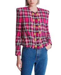 バルマン レディース アウター ジャケット・ブルゾン ツイード クロップド Balmain Cropped Jacket in Glitter Plaid Tweed Pink ピンクのサムネイル