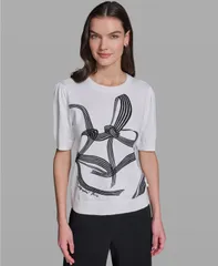 カール ラガーフェルド レディース アウター ニット・セーター プリント 半袖 KARLAGERFELD PARIS Womens Bow Print ShortSleeve Sweater Whitのサムネイル