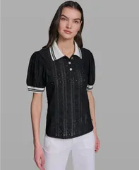 カール ラガーフェルド レディース アウター ニット・セーター 半袖 KARLAGERFELD PARIS Womens Collared ShortSleeve Top Black ブラックのサムネイル