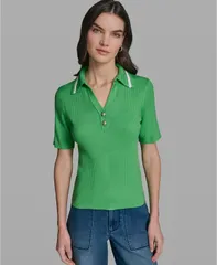 カール ラガーフェルド レディース アウター ニット・セーター 半袖 KARLAGERFELD PARIS WomenshortSleeve Collared Sweater Garden Greenのサムネイル