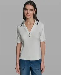 カール ラガーフェルド レディース アウター ニット・セーター 半袖 KARLAGERFELD PARIS WomenshortSleeve Collared Sweater Soft WhiteNaのサムネイル