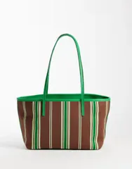 エイソス レディース バッグ ニット ASOS DESIGN striped knitote bag and chocolate GREEN AND CHOCOLATE グリーンのサムネイル