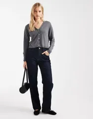 マンゴ レディース アウター カーディガン Vネック Tシャツ ニット Mango Teen v necknit cardigan with frill trim Gray グレーのサムネイル