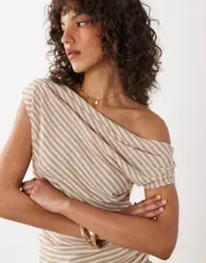 マンゴ レディース トップス Tシャツ Mangone shoulder top stripe BEIGE ベージュのサムネイル