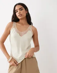 マンゴ レディース トップス シャツ サテン ノースリーブ レース Mango satin lace detail sleeveless camin light ECRU エクリュ