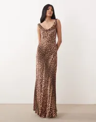 マンゴ レディース トップス ワンピース シフォン プリント ノースリーブ マキシ Mango cowl neck chiffon sleeveless maxi dress in leopard print BROWN ブラウン