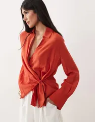 マンゴ レディース トップス シャツ Mangoversized shirt with tie waist RED レッドのサムネイル
