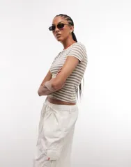 モンキ レディース トップス Tシャツ スリムフィット Monki slim fitshirt stripe KHAKI WHITE STRIPE ホワイトのサムネイル